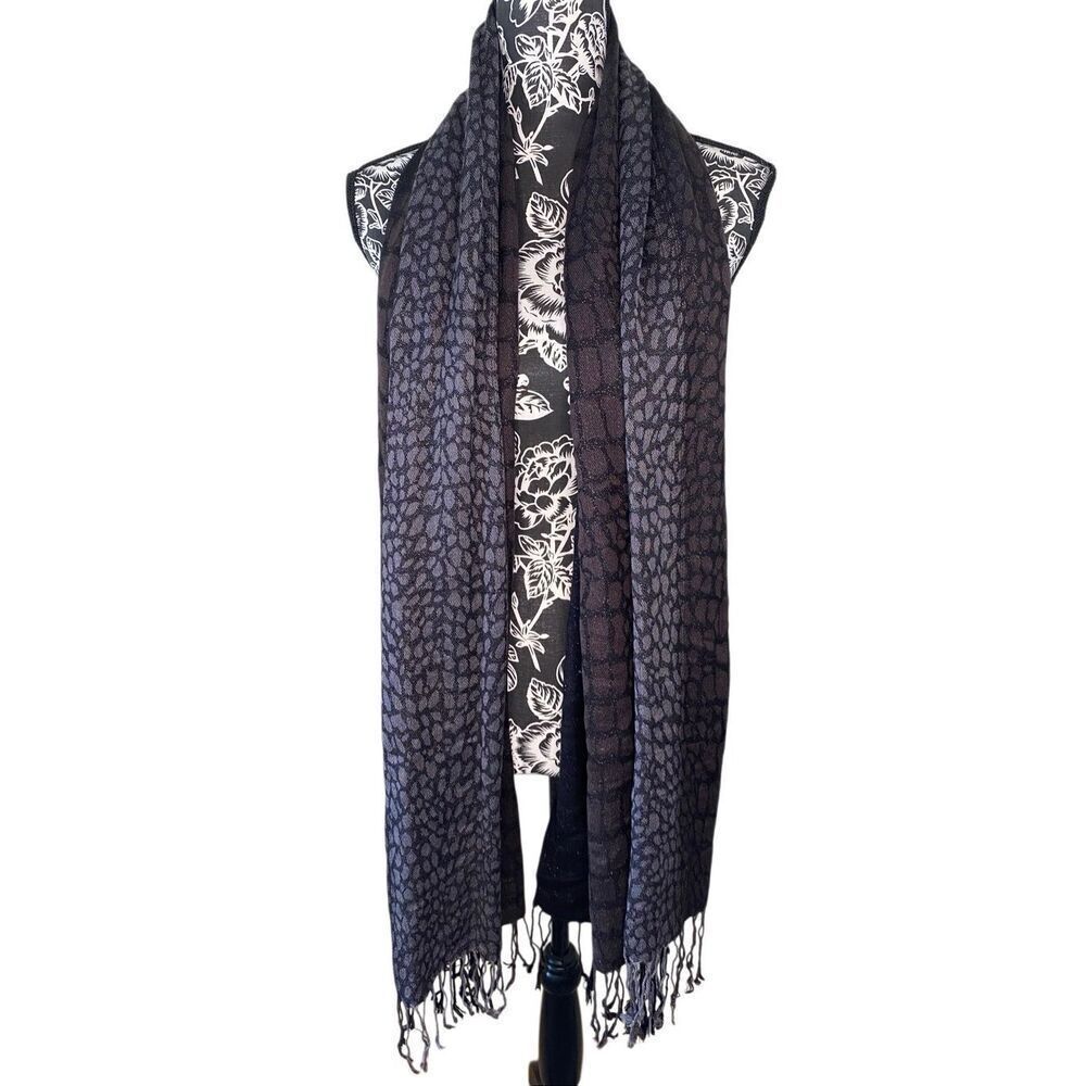 Black Gray Animal Print Lightweight Shawl Scarf Ombre Wrap Metallic Fringe